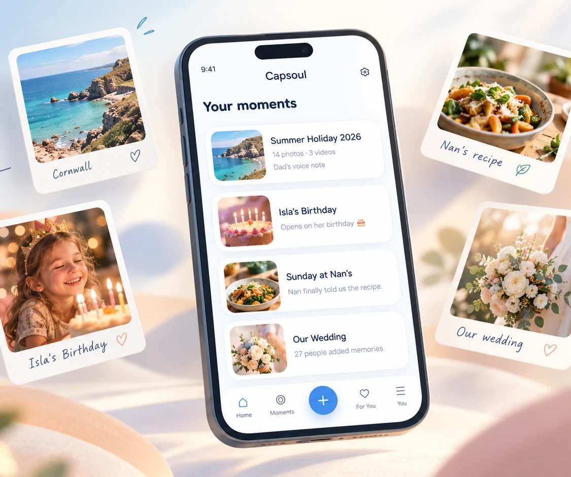 Illustrated preview of Capsoul memories, with a phone showing family moments, Cornwall holiday, Isla's birthday, Nan's recipes and a wedding